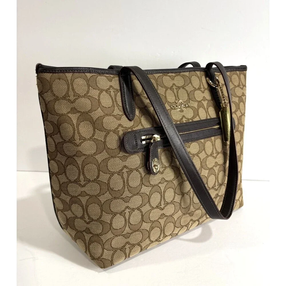 COACH Signature Taylor Tote Khaki Fabric Brown Leather Trim Shoulder Bag Purse